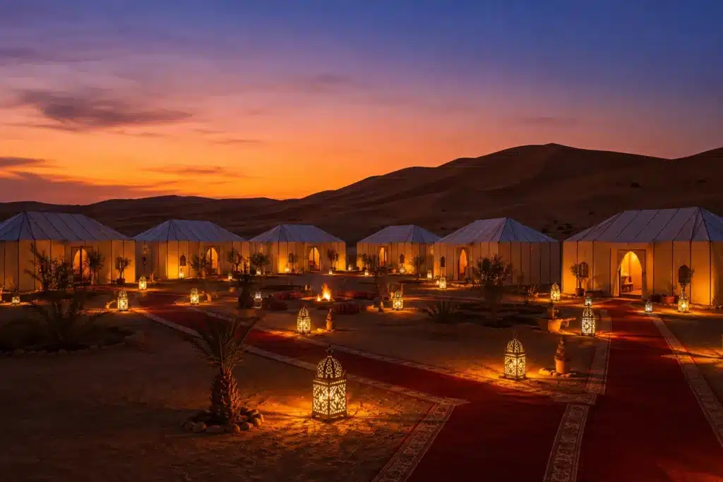 Best Morocco Desert Tours - traditional desert camp at nightfall